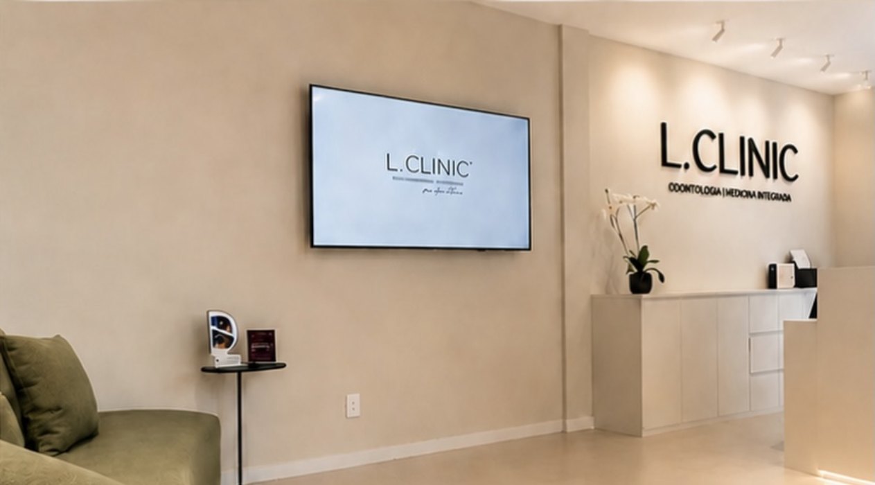 Recepção com balcão claro, sofá verde e o logo L. Clinic na parede